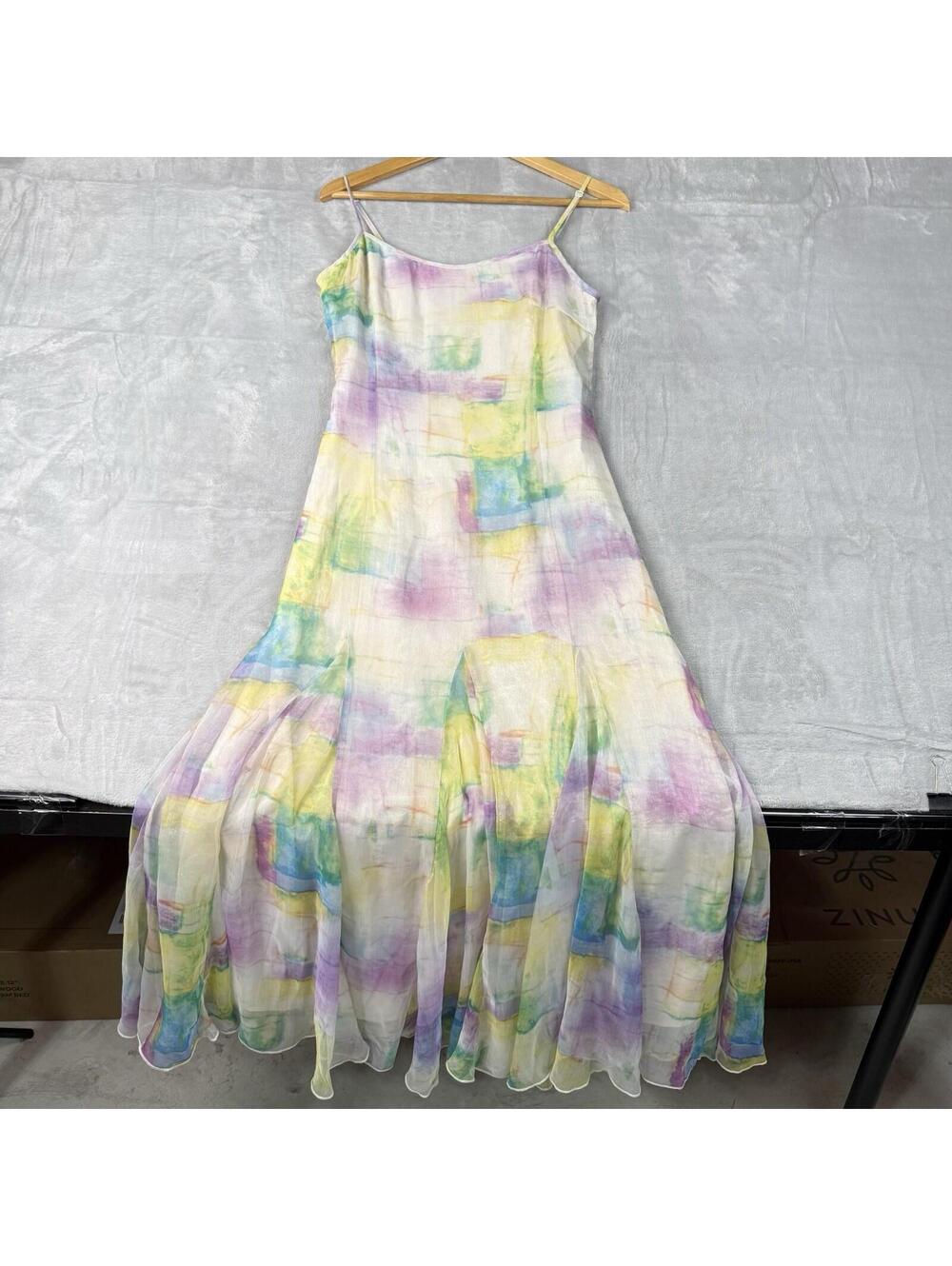 Vintage Sheer Pastel Maxi Dress Watercolor Flowy Spaghetti Strap OS Summer Y2K